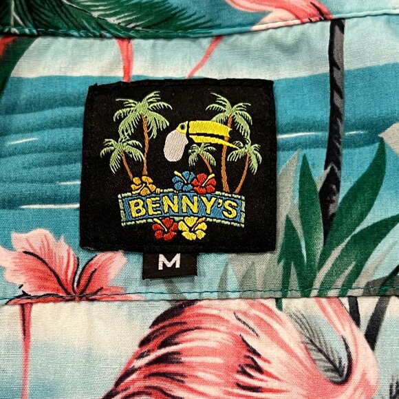 Benny's Retro Flamingo Print Button Down Shirt, Blue Pink Green, M - Picture 3 of 7